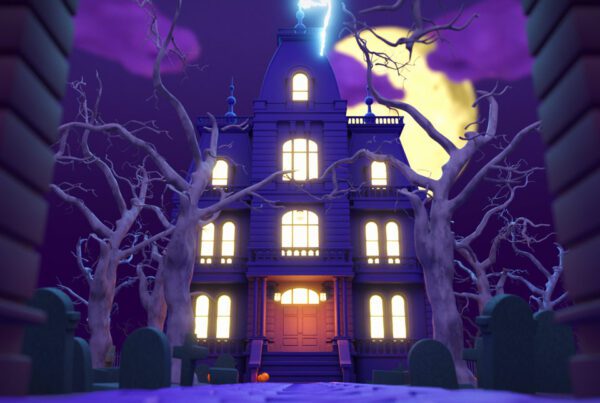 A still image taken from a 3D animation created for Halloween. It shows an old mansion surrounded by a spooky cemetery. Created by Fictionizer.tv. Een afbeelding uit een 3D Animatie gemaakt voor Halloween. Het laat een oud landhuis zien, omringd door een spookachtige begraafplaats. Gemaakt door Fictionizer.tv. Fictionizer | 3D Animatie | Halloween