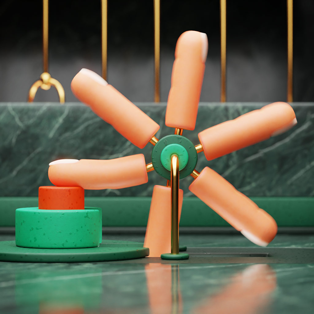 A still image taken from a 3D animation created for ‘Morse Code Day’ spelling the name of our animation company Fictionizer.tv. The image shows a close up of a wheel with 6 fingers pushing a button while rotating Een afbeelding uit een 3D Animatie gemaakt voor ‘Morsecodedag’. Het spelt de naam van ons bedrijf: Fictionizer.tv. Het laat een wiel zien met 6 vingers. De vingers drukken op een knop terwijl het wiel rond draait.