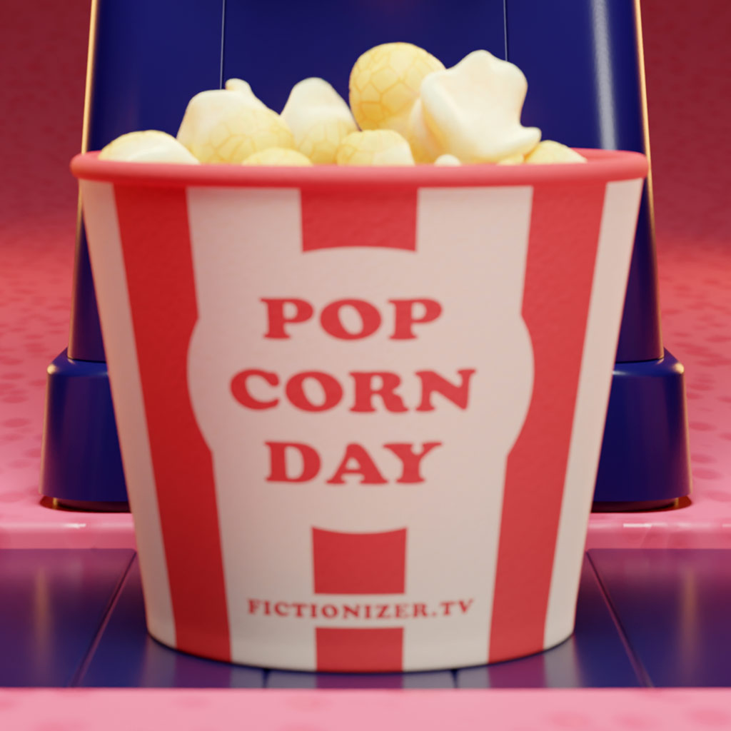 A still image taken from a 3D animation for ‘Popcorn Day’ showing an at-home popcorn machine filling up some paper buckets. Created by Fictionizer.tv. Een afbeelding uit een 3D Animatie voor Popcorndag. Het laat een popcornmachine zien die een aantal papieren bekers vult. Gemaakt door Fictionizer.tv.