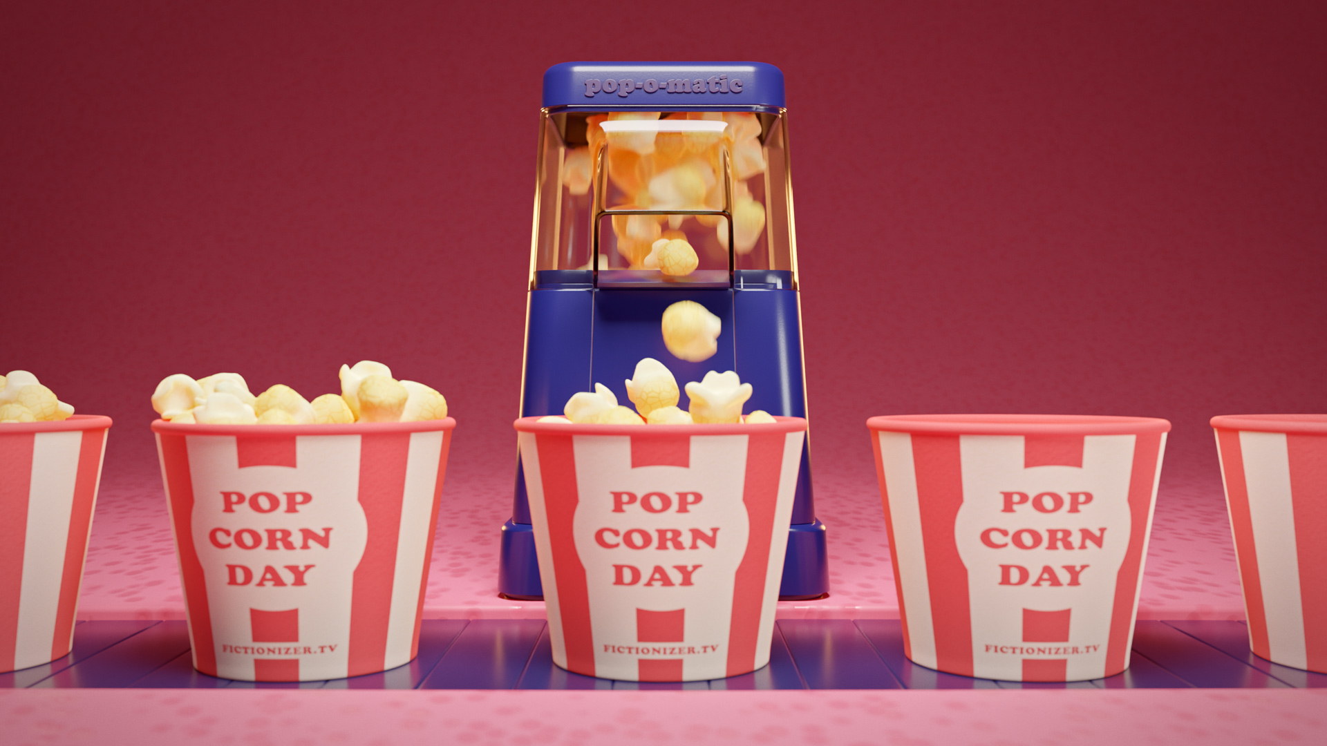 A still image taken from a 3D animation for ‘Popcorn Day’ showing an at-home popcorn machine filling up some paper buckets. Created by Fictionizer.tv. Een afbeelding uit een 3D Animatie voor Popcorndag. Het laat een popcornmachine zien die een aantal papieren bekers vult. Gemaakt door Fictionizer.tv.