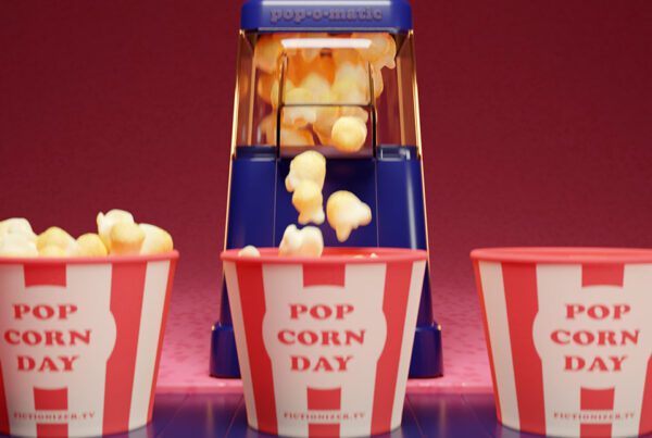 A still image taken from a 3D animation for ‘Popcorn Day’ showing an at-home popcorn machine filling up some paper buckets. Created by Fictionizer.tv. Een afbeelding uit een 3D Animatie voor Popcorndag. Het laat een popcornmachine zien die een aantal papieren bekers vult. Gemaakt door Fictionizer.tv. Fictionizer | 3D Animatie | Animatiestudio | Popcorn Day