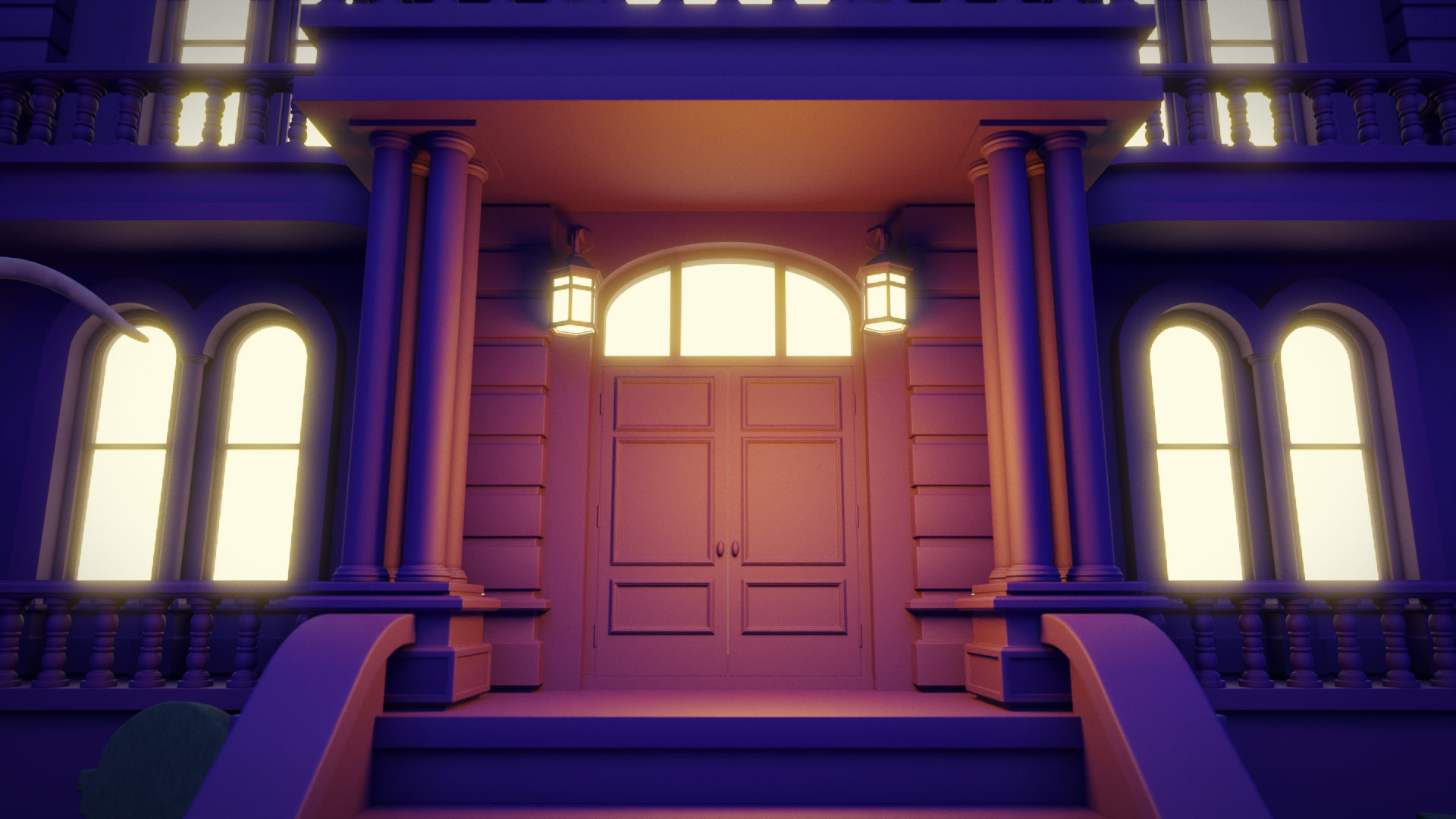 A still image taken from a 3D animation created for Halloween. It shows the entrance of an old mansion. Created by Fictionizer.tv. Een afbeelding uit een 3D Animatie gemaakt voor Halloween. Het laat de ingang van een oud landhuis zien. Gemaakt door Fictionizer.tv. Fictionizer | 3D Animatie | Halloween