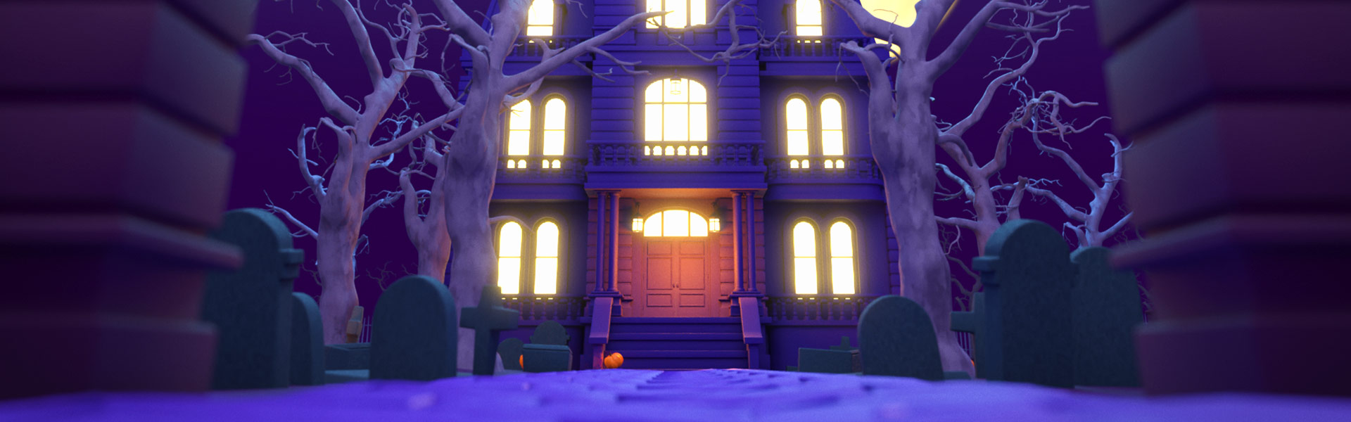 A still image taken from a 3D animation created for Halloween. It shows an old mansion surrounded by a spooky cemetery. Created by Fictionizer.tv. Een afbeelding uit een 3D Animatie gemaakt voor Halloween. Het laat een oud landhuis zien, omringd door een spookachtige begraafplaats. Gemaakt door Fictionizer.tv.