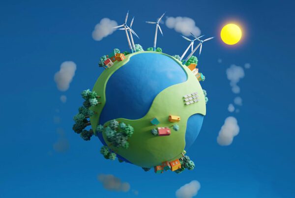 A still image taken from a 3D animation created for the ‘sustainability day’ for the company ‘Movares’ showing a minimalistic earth with solar and wind parks. Created by Fictionizer.tv. Een afbeelding uit een 3D Animatie voor de ‘Duurzaamheidsdag’ van ingenieursbureau ‘Movares’. Het laat een minimalistische versie van de aarde zien met zon- en windparken. Gemaakt door Fictionizer.tv.