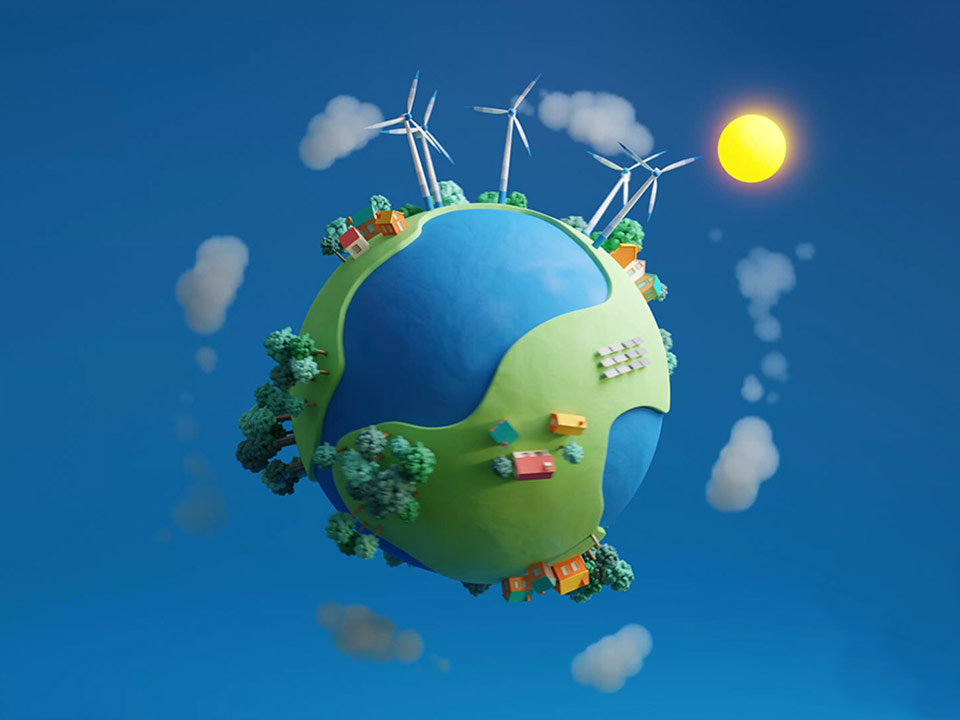 A still image taken from a 3D animation created for the ‘sustainability day’ for the company ‘Movares’ showing a minimalistic earth with solar and wind parks. Created by Fictionizer.tv. Een afbeelding uit een 3D Animatie voor de ‘Duurzaamheidsdag’ van ingenieursbureau ‘Movares’. Het laat een minimalistische versie van de aarde zien met zon- en windparken. Gemaakt door Fictionizer.tv.