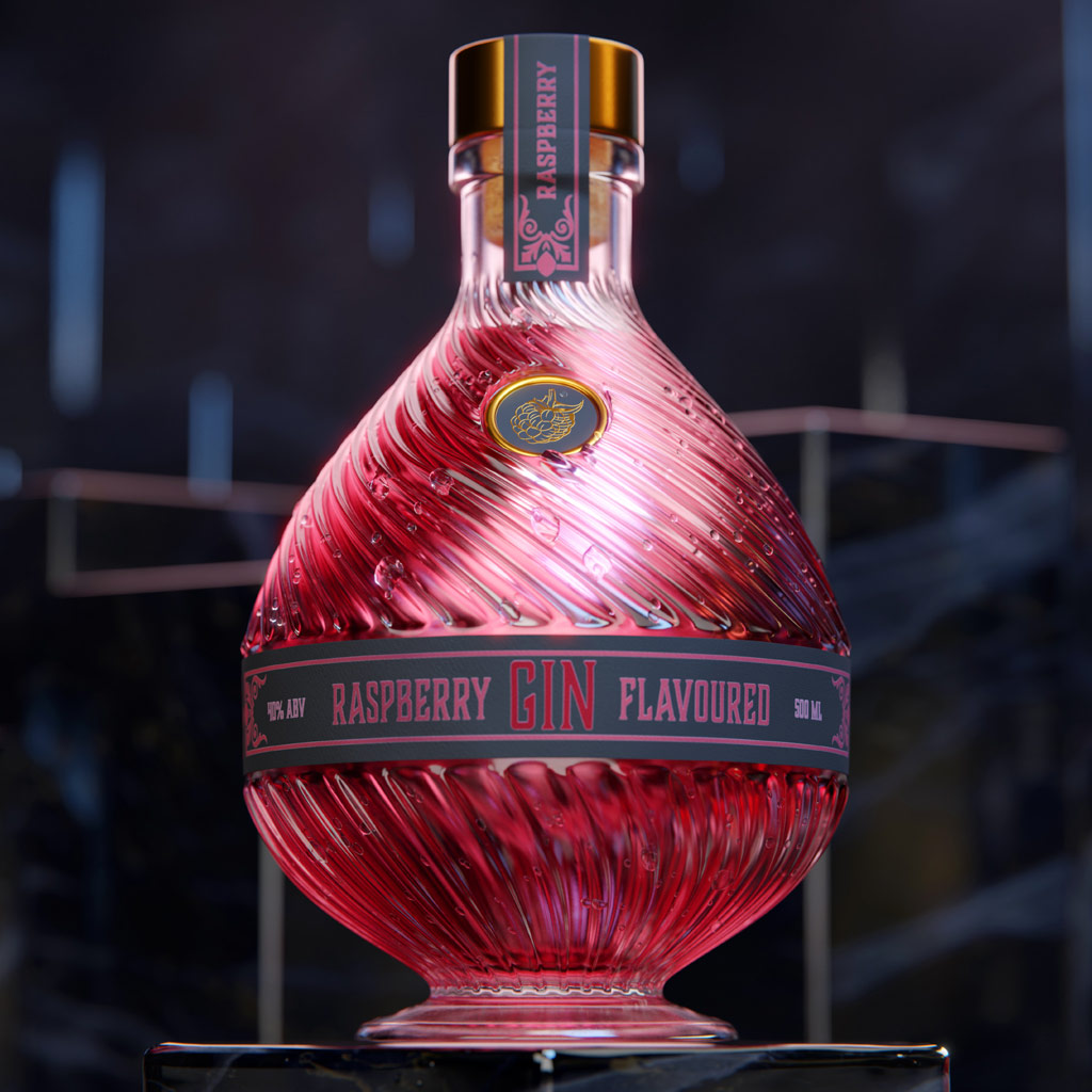 A still image taken from a 3D animation for a Raspberry Gin Showing a Stylish Bottle of Gin. Gemaakt door Fictionizer.tv. Een afbeelding uit een 3D Animatie voor een Frambozen Gin. Het laat de fles van de Gin zien. Gemaakt door Fictionizer.tv.