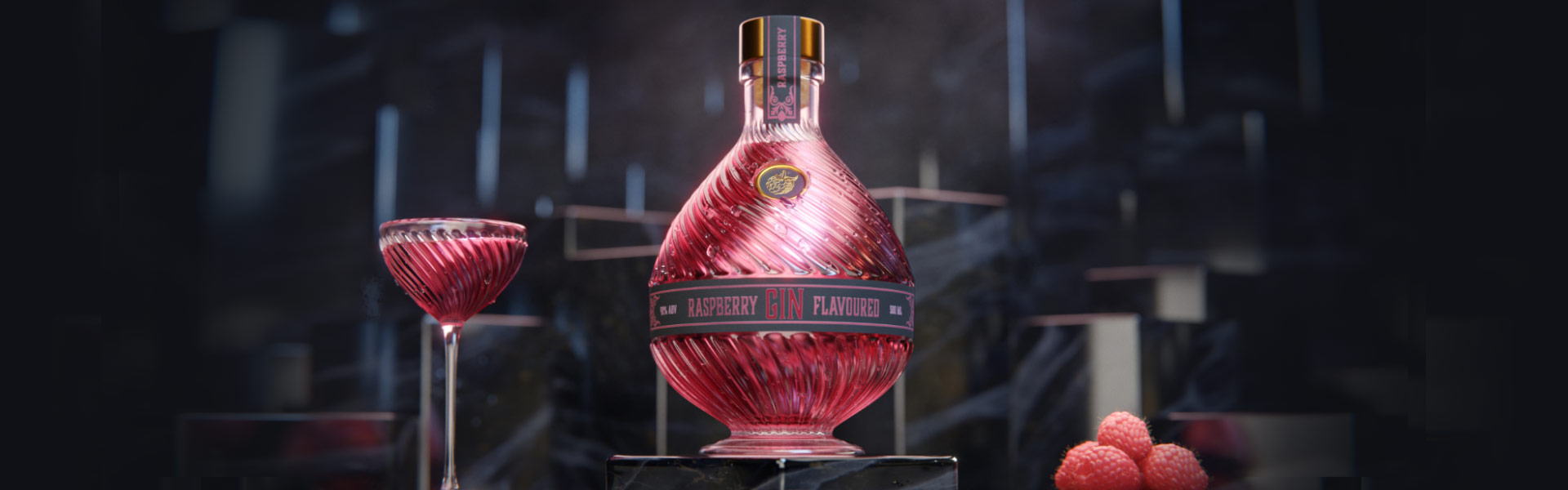 A still image taken from a 3D animation for a Raspberry Gin Showing a Stylish Bottle of Gin, a cocktail glass and some raspberries. Gemaakt door Fictionizer.tv. Een afbeelding uit een 3D Animatie voor een Frambozen Gin. Het laat de fles van de Gin, een cocktailglas en een aantal frambozen zien. Gemaakt door Fictionizer.tv.