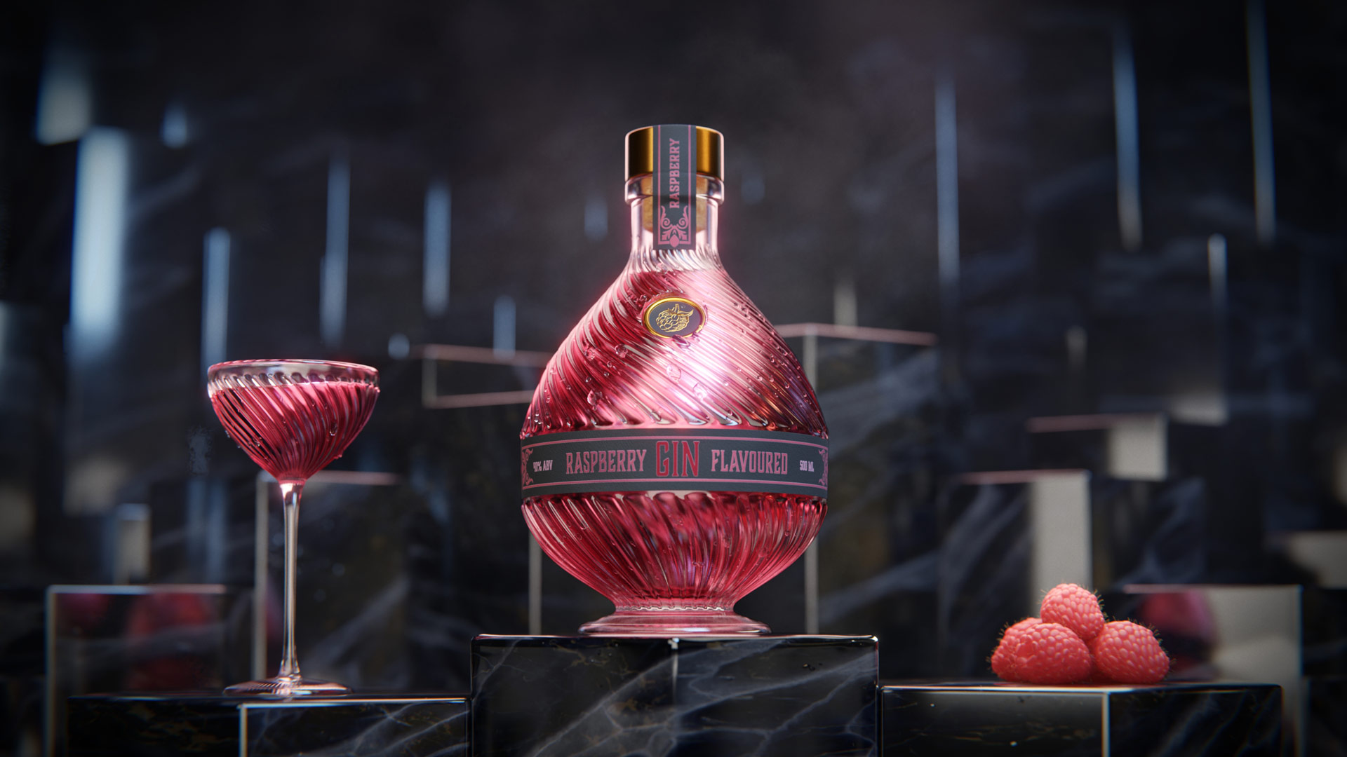 A still image taken from a 3D animation for a Raspberry Gin Showing a Stylish Bottle of Gin, a cocktail glass and some raspberries. Gemaakt door Fictionizer.tv. Een afbeelding uit een 3D Animatie voor een Frambozen Gin. Het laat de fles van de Gin, een cocktailglas en een aantal frambozen zien. Gemaakt door Fictionizer.tv.