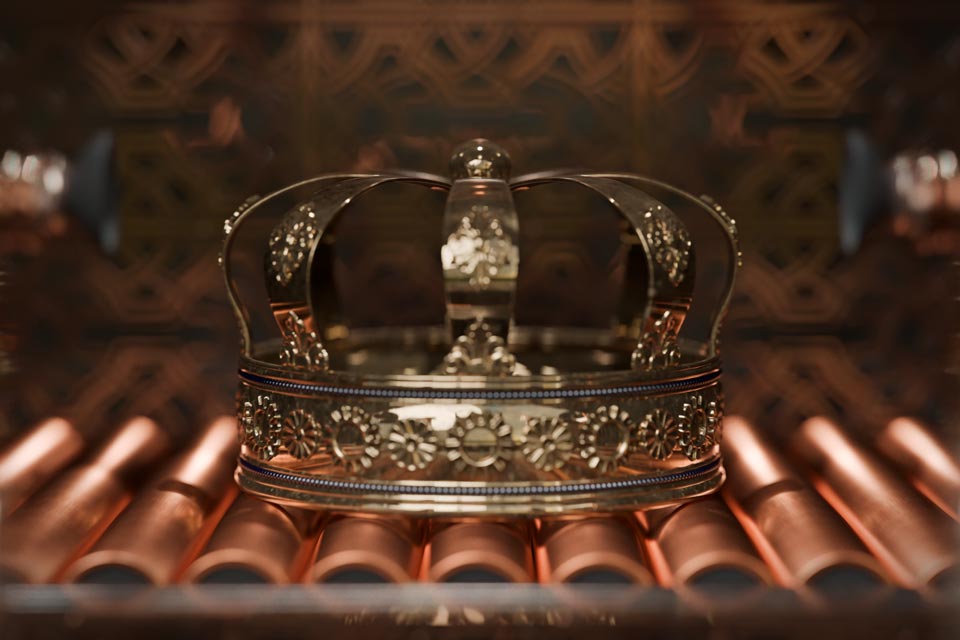 A still image taken from a 3D animation of a close up of agolden crown, created for ‘Kings day’, or ‘Koningsdag’ in Dutch at Fictionizer.tv. Een afbeelding uit een 3D Animatie van een close up van een gouden kroon, gemaakt voor Koningsdag op Fictionizer.tv.