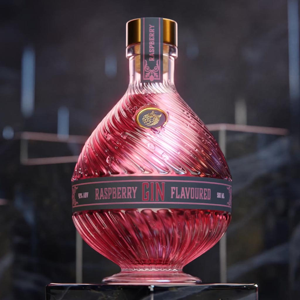 A still image taken from a 3D animation for a Raspberry Gin at Fictionizer.tv. Een afbeelding uit een 3D Animatie voor een Frambozen Gin op Fictionizer.tv.