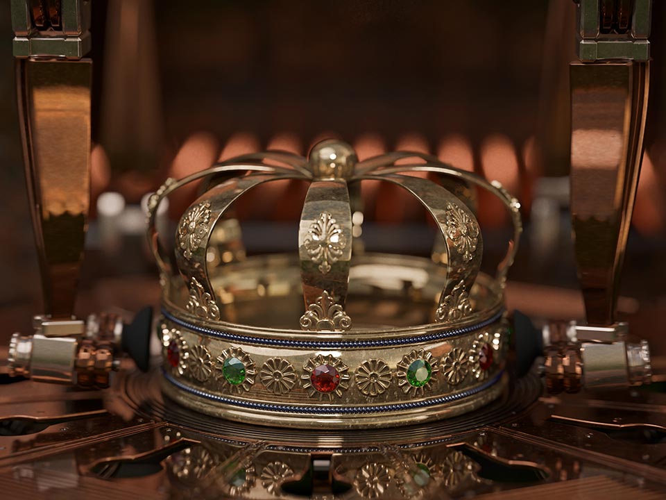 A still image taken from a 3D animation of a golden crown, created for ‘Kings day’, or ‘Koningsdag’ in Dutch at Fictionizer.tv. Een afbeelding uit een 3D Animatie van een gouden kroon, gemaakt voor Koningsdag op Fictionizer.tv.